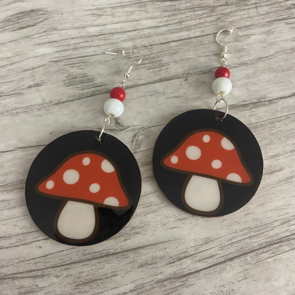 Hand Crafted Jewelry - Mushroom Earrings Retro Black Red White Round 2” Dangle Bead French Wire Silver